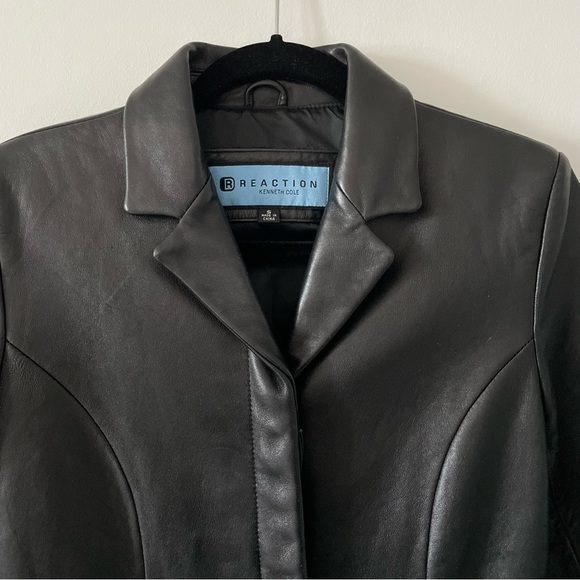 Kenneth Cole Reaction black leather blazer jacket size small lined two pockets - Picture 3 of 4